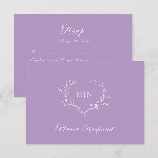 Elegant Lila Paars Monogram Wreath Wedding RSVP Kaartje (Voorkant / Achterkant)