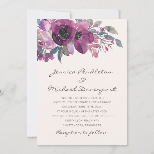 Elegant Lila Paars Plum Floral Script Weduwschap Kaart (Voorkant)