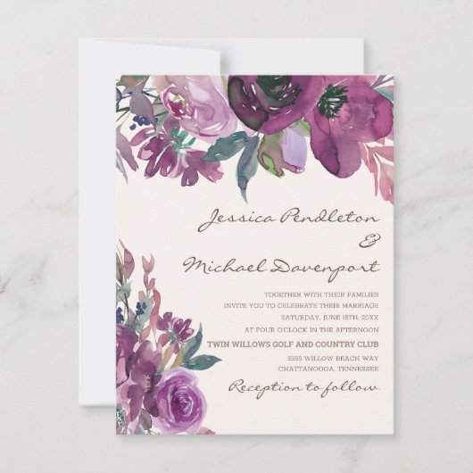 Elegant Lila Paars Plum Floral Script Weduwschap Kaart (Voorkant)