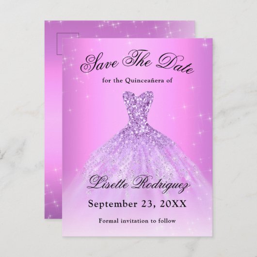 Elegant Lila Paars Quinceanera slaat de datum op Briefkaart (Voorkant / Achterkant)