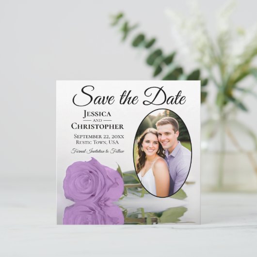 Elegant Lila Paars Roos & Oval Foto bruiloft Save The Date (Staand voorkant)