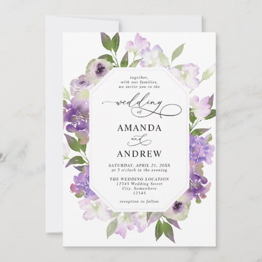 Elegant Lila paarse bloemen bruiloft Kaart (Voorkant)