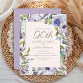 Elegant Lila Paarse Bloemen Groen 90e Verjaardag Kaart