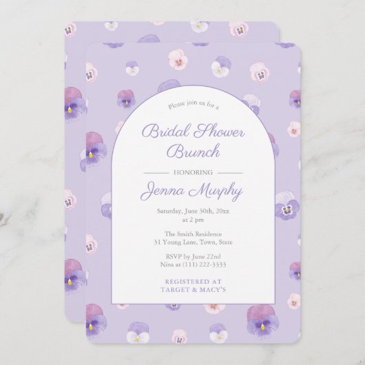 Elegant Lila Pansies Vrijgezellenfeest Brunch Part Kaart (Voorkant / Achterkant)