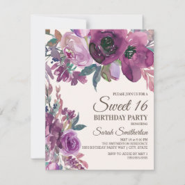 Elegant Lila Plum Paars Floral Script Sweet 16 Kaart