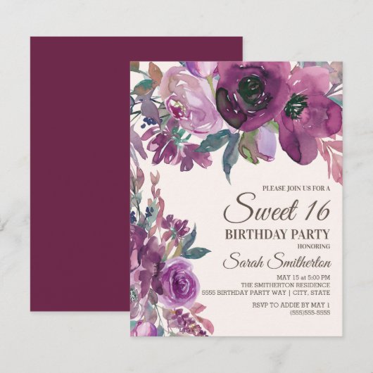 Elegant Lila Plum Paars Floral Script Sweet 16 Kaart (Voorkant / Achterkant)