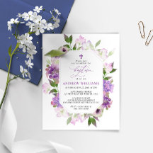 Elegant Lila Purple Flowers Baptism Invitation