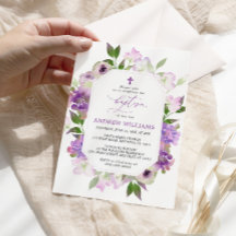 Elegant Lila Purple Flowers Baptism Invitation