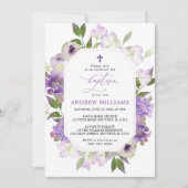 Elegant Lila Purple Flowers Baptism Invitation Kaart (Voorkant)