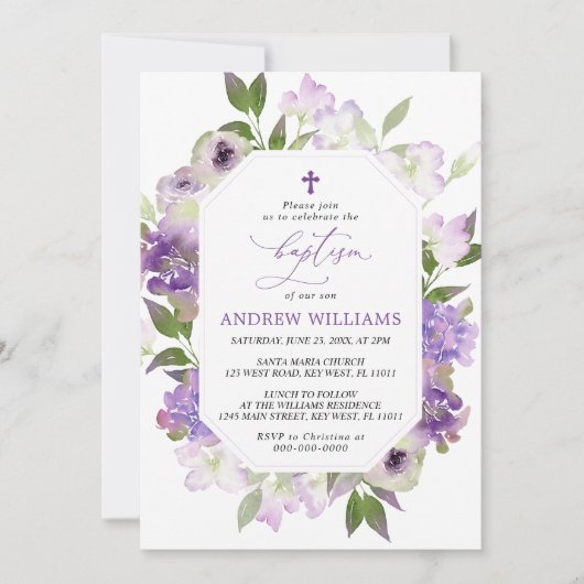 Elegant Lila Purple Flowers Baptism Invitation Kaart (Voorkant)
