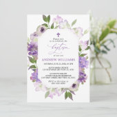 Elegant Lila Purple Flowers Baptism Invitation Kaart (Staand voorkant)