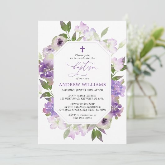 Elegant Lila Purple Flowers Baptism Invitation Kaart (Staand voorkant)