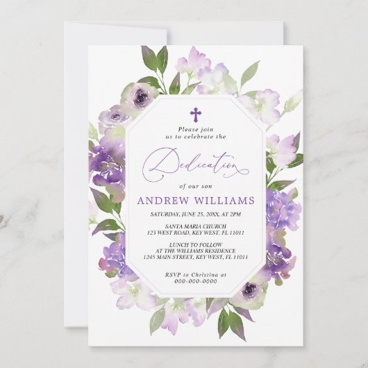 Elegant Lila Purple Flowers Dedication Invitation Kaart (Voorkant)