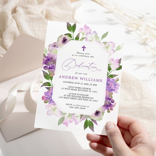 Elegant Lila Purple Flowers Dedication Invitation Kaart