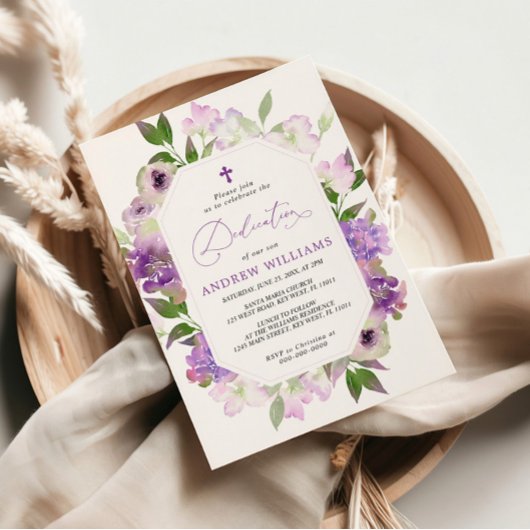 Elegant Lila Purple Flowers Dedication Invitation Kaart