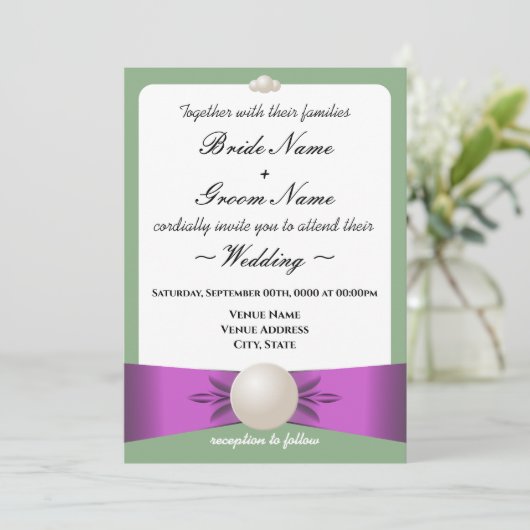 Elegant Lila & Sage Pearl Lint Foto Bruiloft Kaart (Staand voorkant)