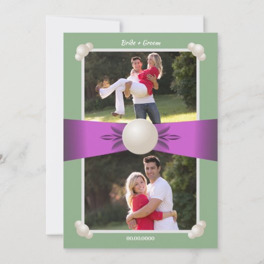 Elegant Lila & Sage Pearl Lint Foto Bruiloft Kaart (Achterkant)