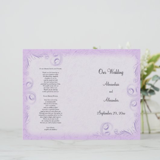 Elegant Lila Scrollwork Wedding Programme (Staand voorkant)