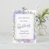 Elegant Lila & Stoffig Blauw Hydrangeas Bruiloft Save The Date (Staand voorkant)
