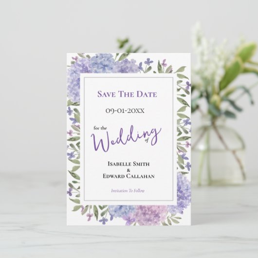 Elegant Lila & Stoffig Blauw Hydrangeas Bruiloft Save The Date (Staand voorkant)