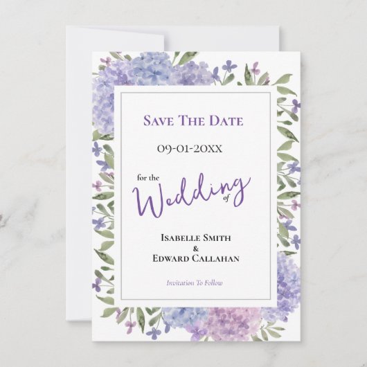 Elegant Lila & Stoffig Blauw Hydrangeas Bruiloft Save The Date (Voorkant)