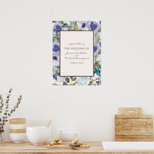 Elegant Lila Stusty Blue Floral Wedding Welcome Poster (Keuken)