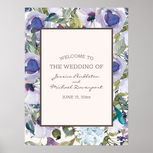 Elegant Lila Stusty Blue Floral Wedding Welcome Poster (Voorkant)