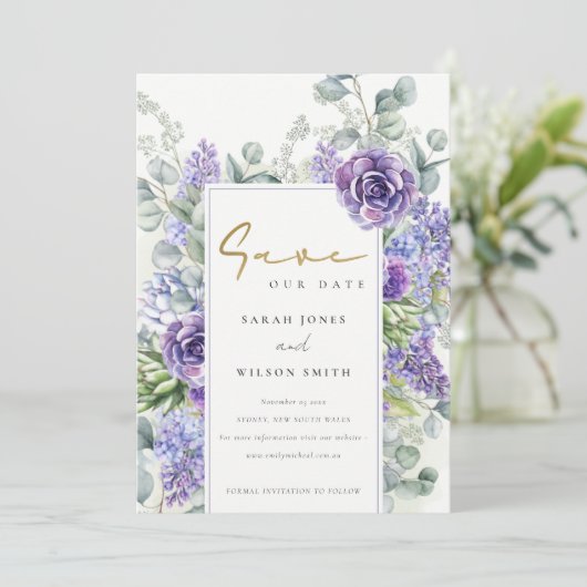 Elegant Lila Succulent Eucalyptus Botanisch Lijst Save The Date (Staand voorkant)