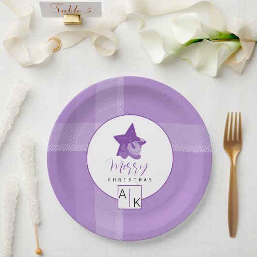 Elegant Lila Violet Tartan Monogram Papieren Bordje (Huwelijk)