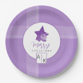 Elegant Lila Violet Tartan Monogram Papieren Bordje (Voorkant)