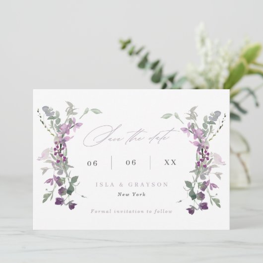 Elegant Lila wilde bloemen Bindende QR-code Save The Date (Staand voorkant)