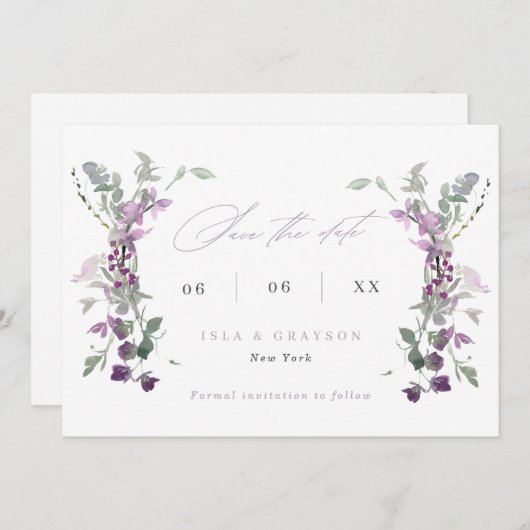Elegant Lila wilde bloemen Bindende QR-code Save The Date (Voorkant / Achterkant)