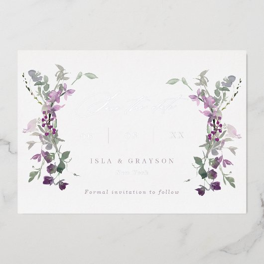 Elegant Lila wilde bloemen die de datum bewaren Folie Uitnodiging (Voorkant)
