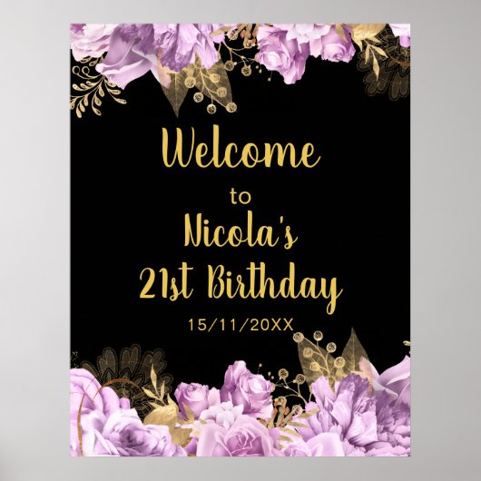 Elegant Lilac and Gold Flowers Birthday Party Poster (Voorkant)