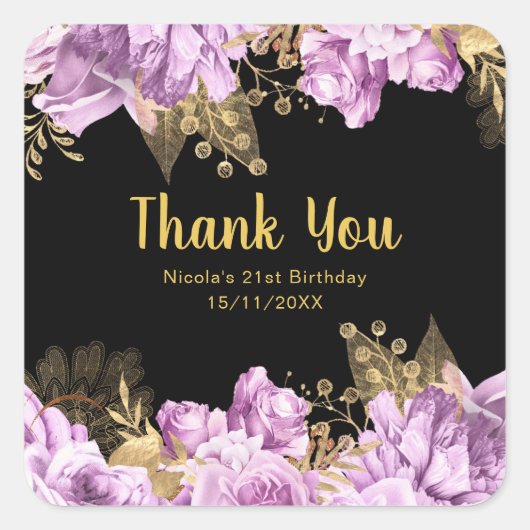 Elegant Lilac and Gold Flowers Birthday Party Vierkante Sticker (Voorkant)