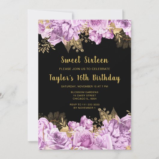 Elegant Lilac and Gold Flowers Sweet Sixteen Kaart (Voorkant)