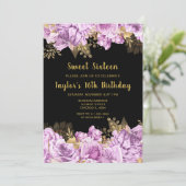 Elegant Lilac and Gold Flowers Sweet Sixteen Kaart (Staand voorkant)