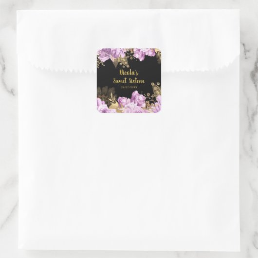 Elegant Lilac and Gold Flowers Sweet Sixteen Vierkante Sticker (Tas)