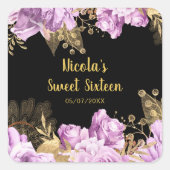 Elegant Lilac and Gold Flowers Sweet Sixteen Vierkante Sticker (Voorkant)