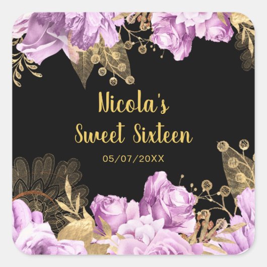 Elegant Lilac and Gold Flowers Sweet Sixteen Vierkante Sticker (Voorkant)