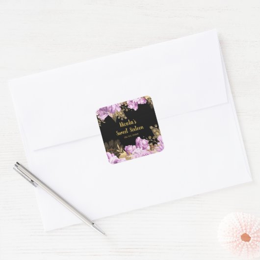 Elegant Lilac and Gold Flowers Sweet Sixteen Vierkante Sticker (Envelop)