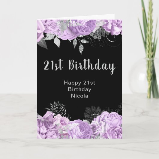 Elegant Lilac and Silver Flowers Birthday Party  Kaart (Voorkant)