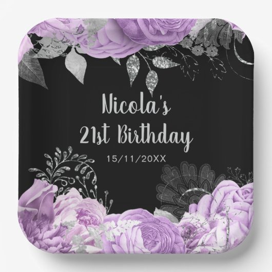 Elegant Lilac and Silver Flowers Birthday Party  Papieren Bordje (Voorkant)