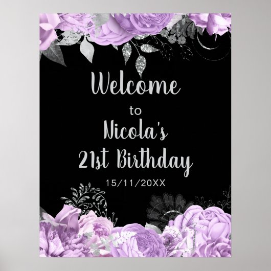Elegant Lilac and Silver Flowers Birthday Party Poster (Voorkant)