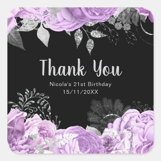Elegant Lilac and Silver Flowers Birthday Party Vierkante Sticker (Voorkant)