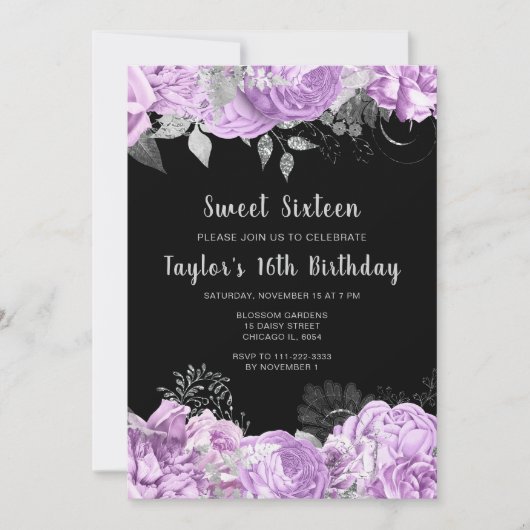 Elegant Lilac and Silver Flowers Sweet Sixteen Kaart (Voorkant)