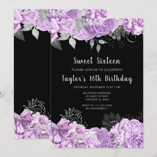 Elegant Lilac and Silver Flowers Sweet Sixteen Kaart (Voorkant / Achterkant)