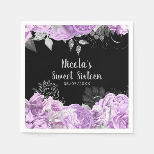 Elegant Lilac and Silver Flowers Sweet Sixteen Servet (Voorkant)