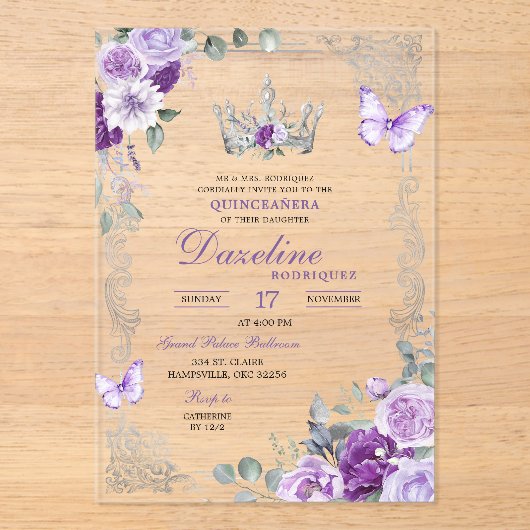 Elegant Lilac Purple Crown Quinceanera Acryl Uitnodigingen (Voorkant)