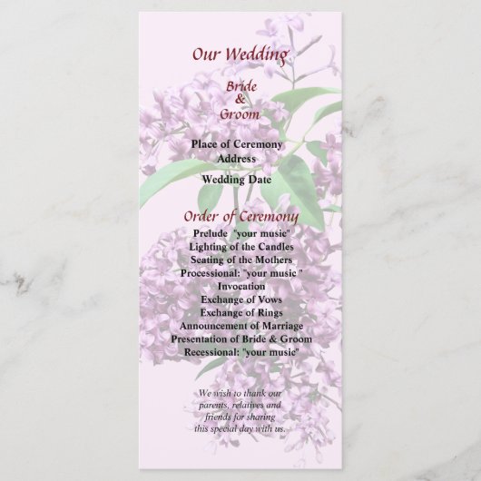 Elegant Lilacs Wedding Programme Programmakaart (Voorkant)